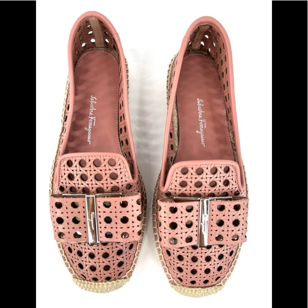 SALVATORE FERRAGAMO Sannio Bow Laser Cut Leather Flat Espadrilles Size 4.5 - Picture 2 of 11